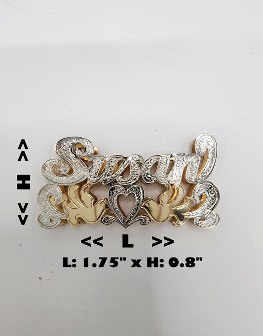 PERSONALIZED DOUBLE NAMEPLATE "SUSAN WITH BIRD" Style (10K,14K GOLD)